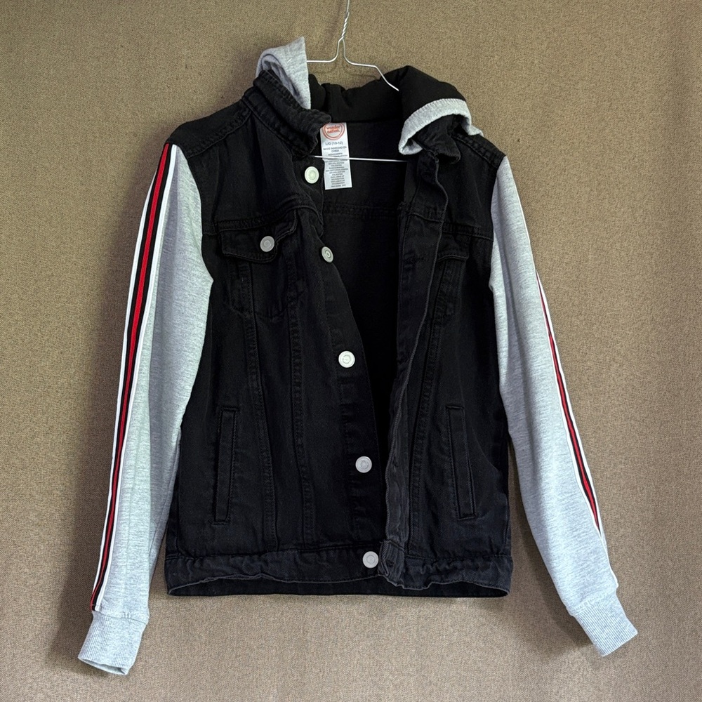 Kids Wonder Nation Black Jean Jacket with Gray Sleeves and Red Stripes Size 10